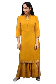 Stunning Yellow Rayon Self Design Kurta with Sharara Set For Women