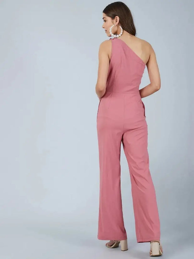 Pink Asymmetric Shoulder Jumpsuit