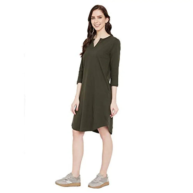 HYPERNATION Military Green Color Cotton Knitted Night Dress for Women(HYPW02914)