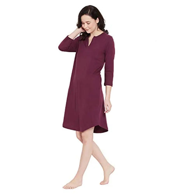 HYPERNATION Wine Cotton Knitted Women's Night Dress(HYPW02960)