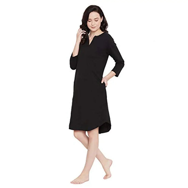 HYPERNATION Black Cotton Knitted Women's Night Dress(HYPW02965)