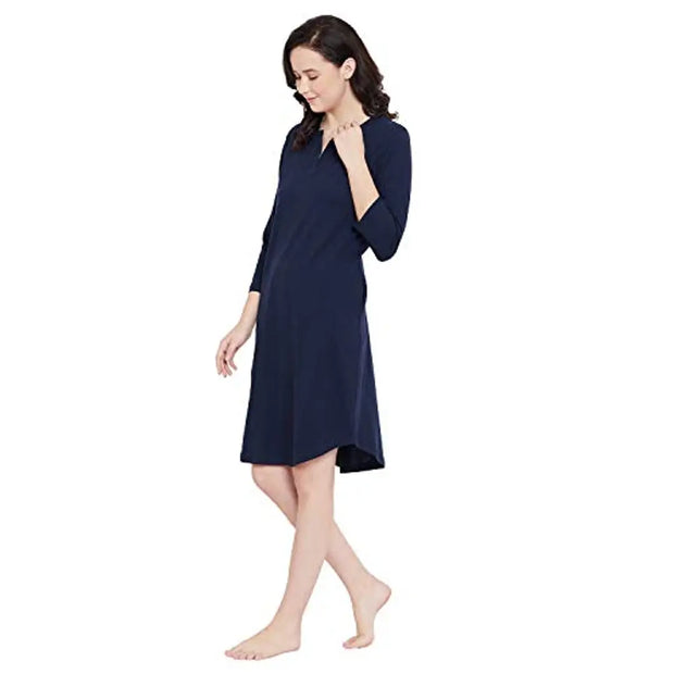 HYPERNATION Navy Blue Cotton Knitted Women's Night Dress(HYPW02962, S)