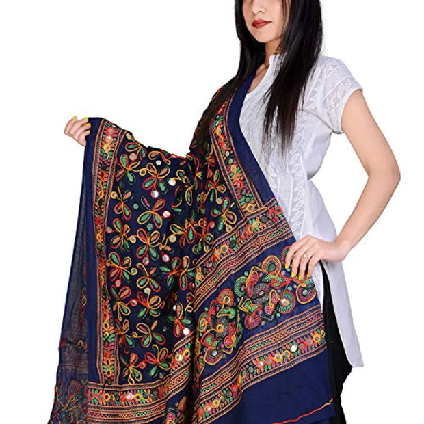 Indian Handicraft Cotton Women Casual Wear Kutch Ari Dupatta Color Blue Size 2.25 M