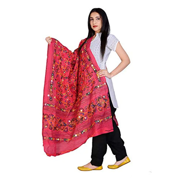 Indian Handicraft Cotton Women Casual Wear Kutch Ari Dupatta Color Pink Size 2.25 M