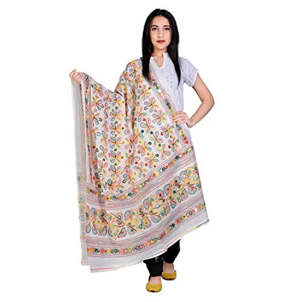 Indian Handicraft Cotton Women Casual Wear Kutch Ari Dupatta Color White Size 2.25 M