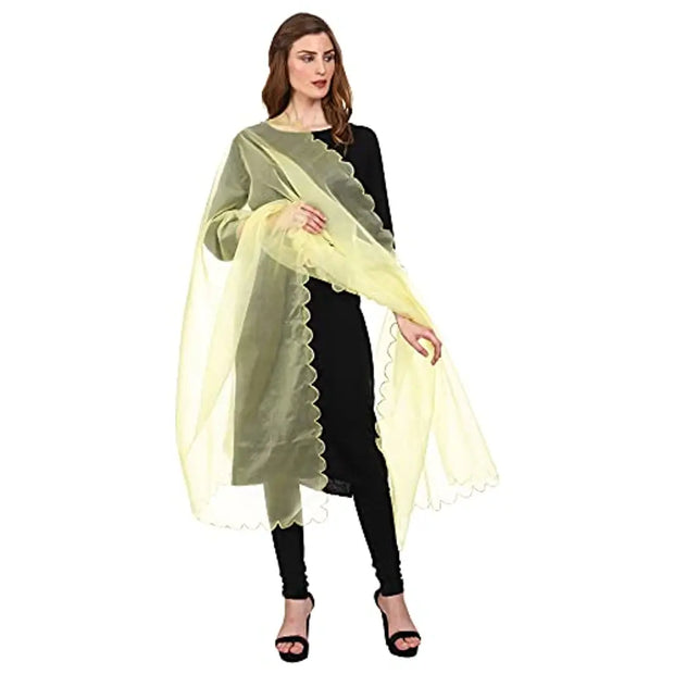 SWI WITH LABEL Women's Embroidered Organza Dupatta (SD4_Lemon_Free Size)