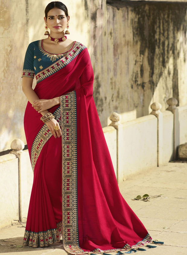 Pretty Embroidered  Vichitra Silk Sarees
