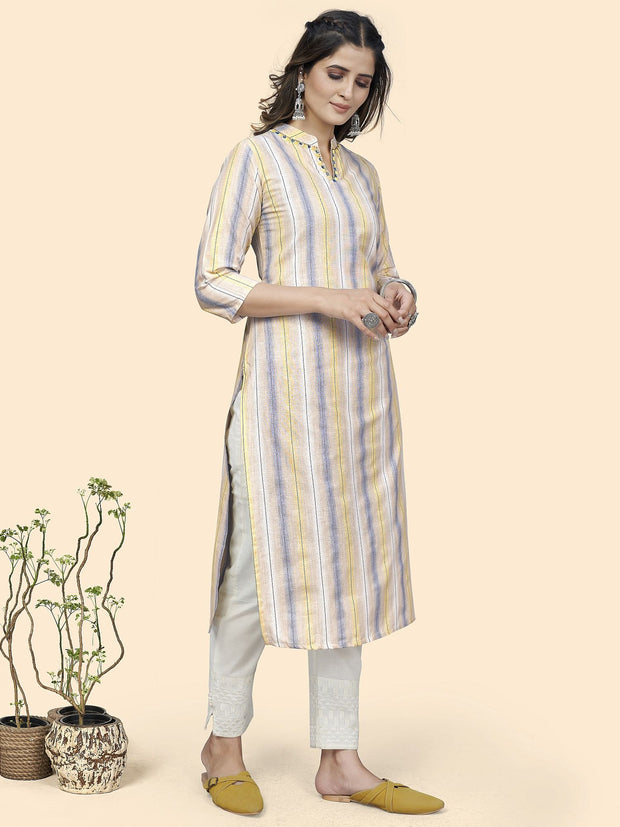 Vbuyz Women's Striped Print Straight Cotton Blend Yellow Stitched Kurta
