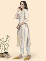 Vbuyz Women's Striped Print Straight Cotton Blend Yellow Stitched Kurta